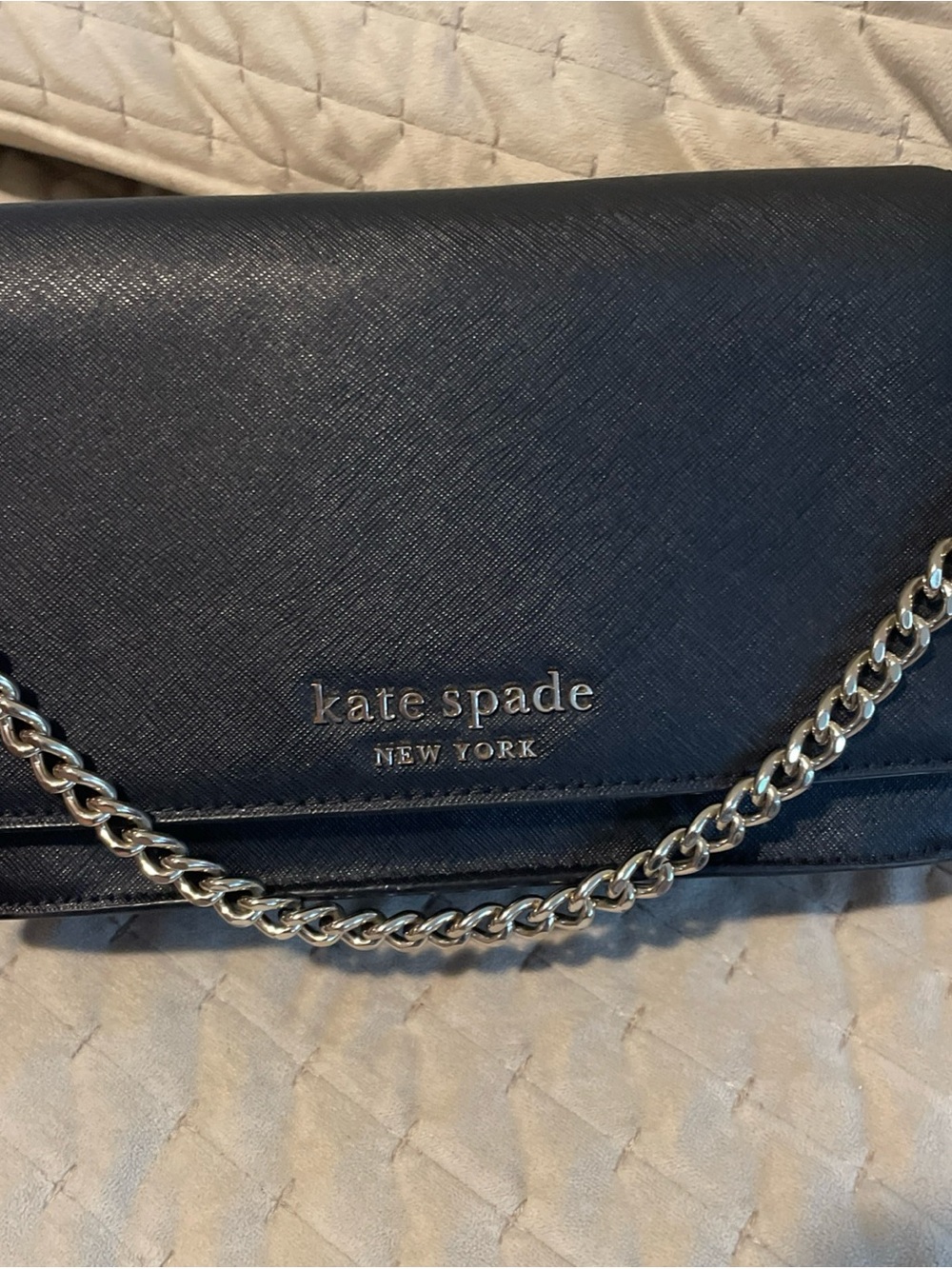 kate spade black leather bag with silver chain strap